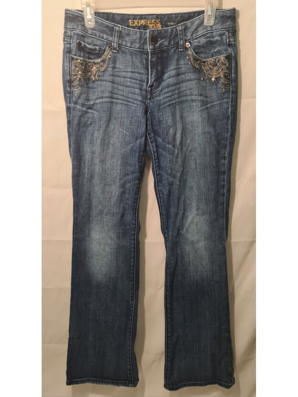 Express Stella Bootcut Jeans Womens Embellished Back Pocket Blue Denim Sz 6 USED